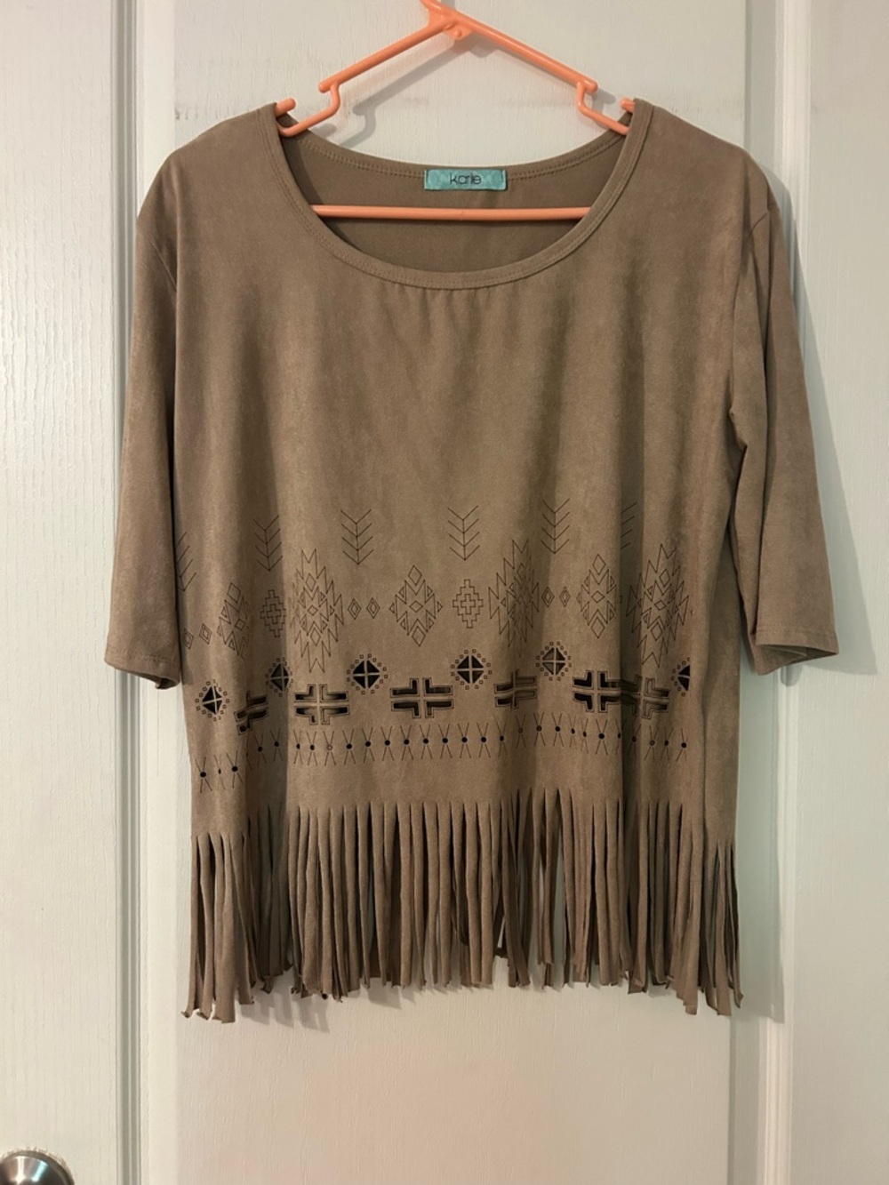Suede Fringe Tribal-Print Tunic Top - Brown - Picture 2 of 6